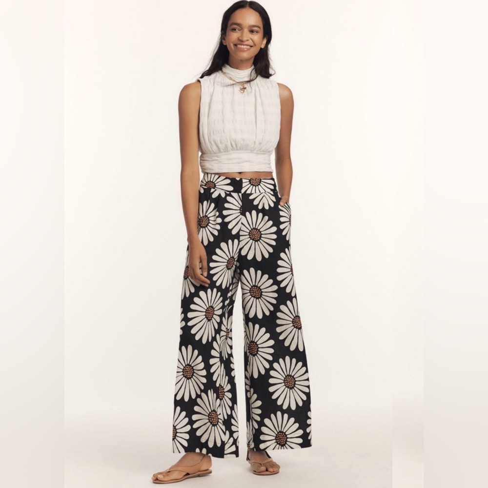 Farm Rio x Anthropologie Linen Blend Daisy Wide Leg Ankle Crop Pant Oversized XS